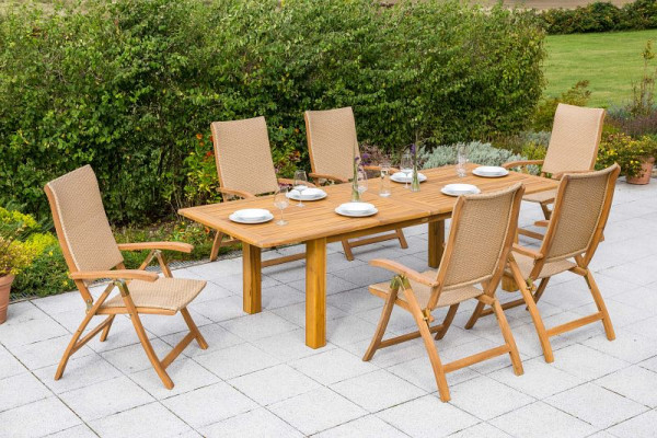 Merxx Capri Set 7-teilig, 6 Capri Klappsessel, 1 Doppelausziehtisch 180 (220/260) x 100 cm, Akazienholz, Natur, 50457-264