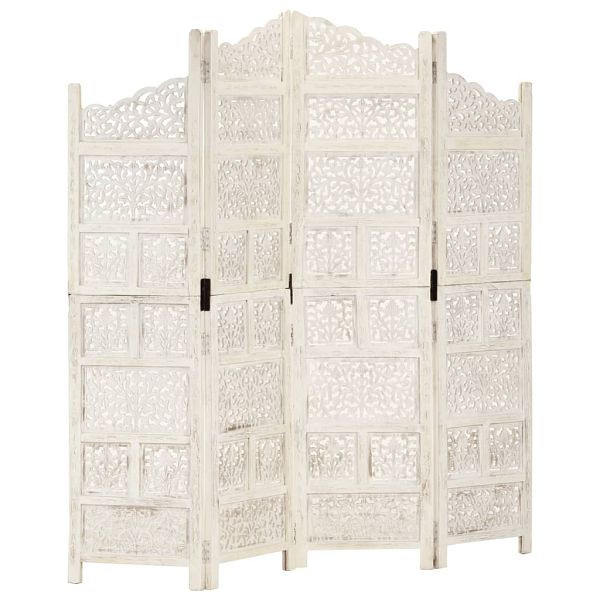 vidaXL 4teilig Raumteiler Handgeschnitzt Weiß 160×165cm Mango Massivholz, 285327