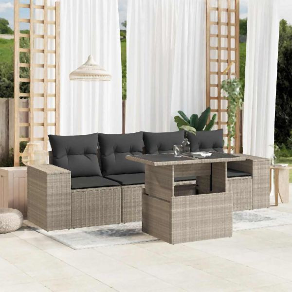 vidaXL 5-tlg. Garten-Sofagarnitur mit Kissen Hellgrau Poly Rattan, 3268992