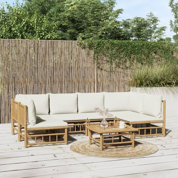 vidaXL 7-teilig Garten-Lounge-Set mit Cremeweißen Kissen Bambus, 3155198