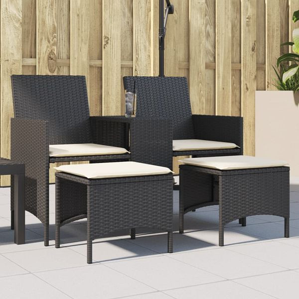 vidaXL Gartensofa 2-Sitzer mit Tisch und Hockern Schwarz Poly Rattan, 4003890