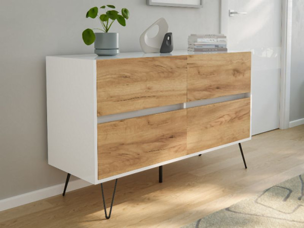 Posseik Sideboard Industrial E 120cm 4 Schubladen Weiß/Eiche Front, PN2082X0000034DE
