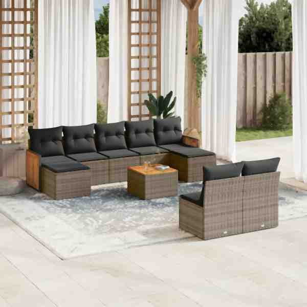 vidaXL 10-tlg. Garten-Sofagarnitur mit Kissen Grau Poly Rattan, UV-beständig, 3260464