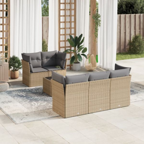 vidaXL 6-tlg. Garten-Sofagarnitur mit Kissen Beige Poly Rattan, 3249088
