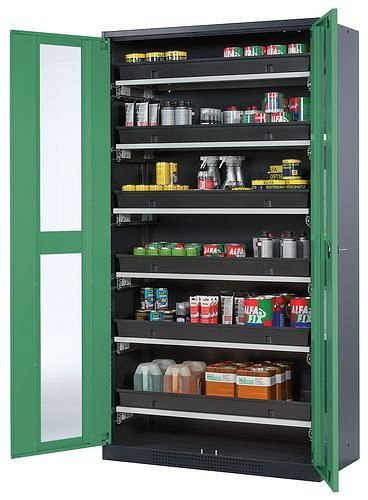 asecos Chemikalienschrank Systema-T CS-106G, Korpus anthrazit, Flügeltüren grün, 6 Tablarauszüge, 209054
