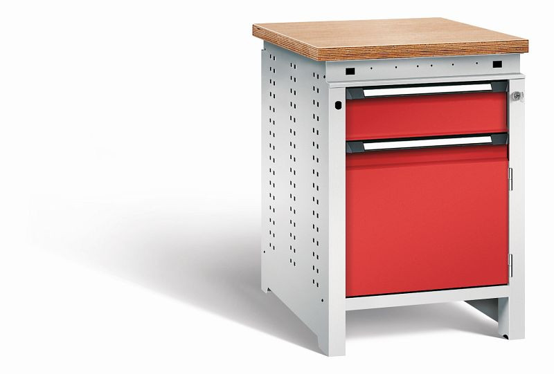 Otto Kind Werkbank Serie function Typ 105, Multiplexplatte 40 mm, bündig, Unterbau mit Zentralverschluss, Gehäuse RAL 7035, Front RAL 3000, 072322134