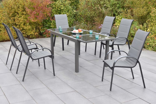 Merxx Amalfi Set 7-teilig, 6 Amalfi Stapelsessel, gepolstert, 1 Ausziehtisch 150 (210) x 90 cm, graue Glasplatte, Graphit/grau, 51110-309