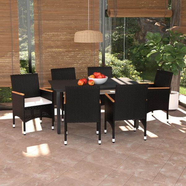 vidaXL 7-teilig Garten-Essgruppe mit Kissen Poly Rattan Schwarz, 3095000