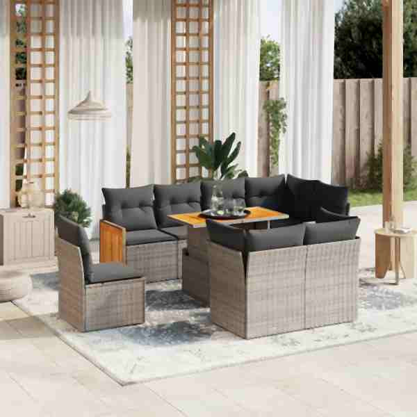 vidaXL 9-tlg. Garten-Sofagarnitur mit Kissen Grau Poly Rattan, UV-beständig, 3274056