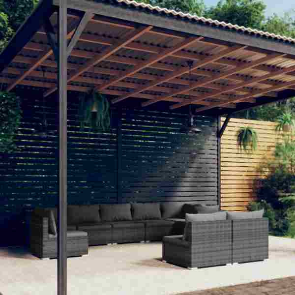 vidaXL 9-tlg. Garten-Lounge-Set mit Kissen Poly Rattan Grau, 3102565