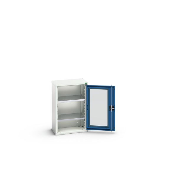 bott verso Flügeltürschrank mit Sichtfenster, mit 2 Fachböden, BxTxH: 525 x 350 x 800 mm, Lichtgrau / Enzianblau, 16926070.11