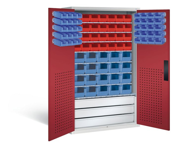 C+P Magazinschrank Serie 13, H1950xB1100xT535mm, Farbe: Lichtgrau / Rubinrot, Muldengriff, 130276-67 S10032