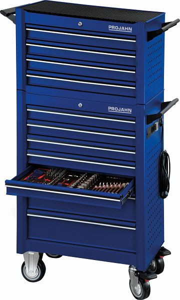 Projahn Bestückter Werkstattwagen UNIVERSE + Elektroverteiler + Aufsatz + Dosenhalter + Papierrollenhalter + 415- teilig Bestückung Blau, 6501-581