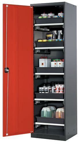 asecos Chemikalienschrank Systema-T CS-55L, Korpus anthrazit, Flügeltüren rot, 5 Tablarauszüge, 208948