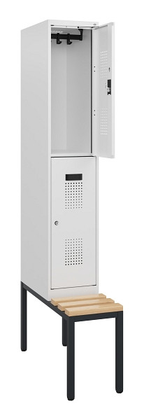 C+P Doppelstöckiger Spind Evolo PLUS, Bank, 2 Fächer, 1950x300x815mm, 9016/9016, Zylinderschloss, Sitzfläche Buche-Hartholz, Sitzbank, 0493505-10 S10053