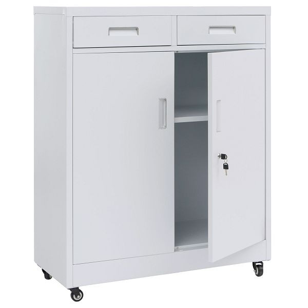 Mendler Aktenschrank HWC-O89, Stahlschrank Büroschrank, Rollen Türen Schubladen abschließbar Metall 116x90x40cm, weiß, 139451