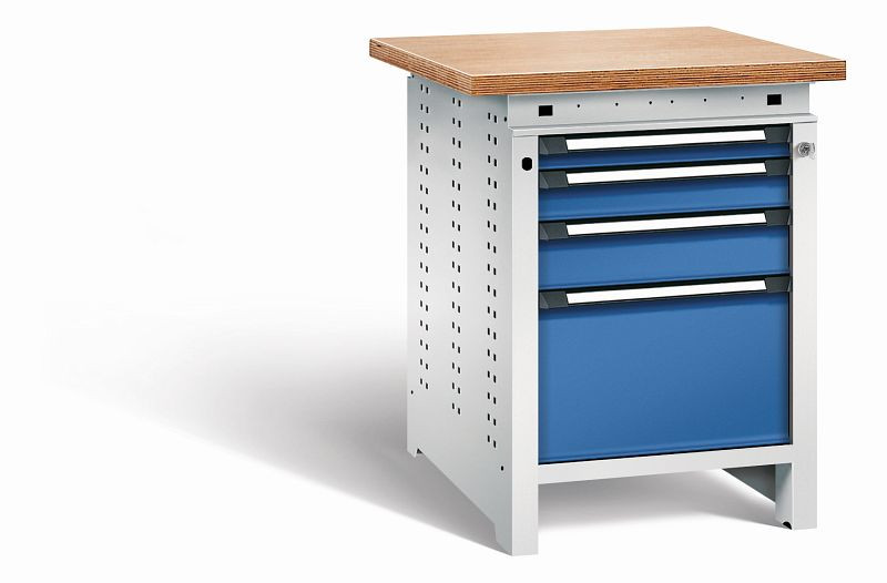 Otto Kind Werkbank Serie function Typ 108, Multiplexplatte, überstehend, 4 Schubladen, mit Zentralverschluss, Gehäuse RAL 7035, Front RAL 5010, 072325286