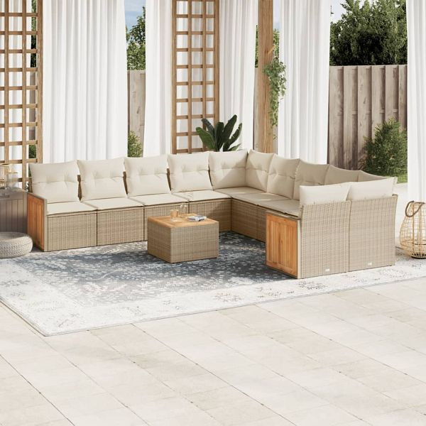 vidaXL 11-tlg. Garten-Sofagarnitur mit Kissen Beige Poly Rattan, 3260441