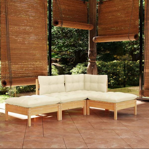 vidaXL 4-teilig Garten-Lounge-Set mit Creme Kissen Kiefer Massivholz, 3096286