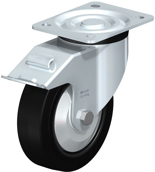Blickle L-POEV 160K-FI-FA Stahlblech-Lenkrolle, mittelschwere Ausführung, mit Anschraubplatte & Feststeller, Elastik-Vollgummi, Schwarz, 38356