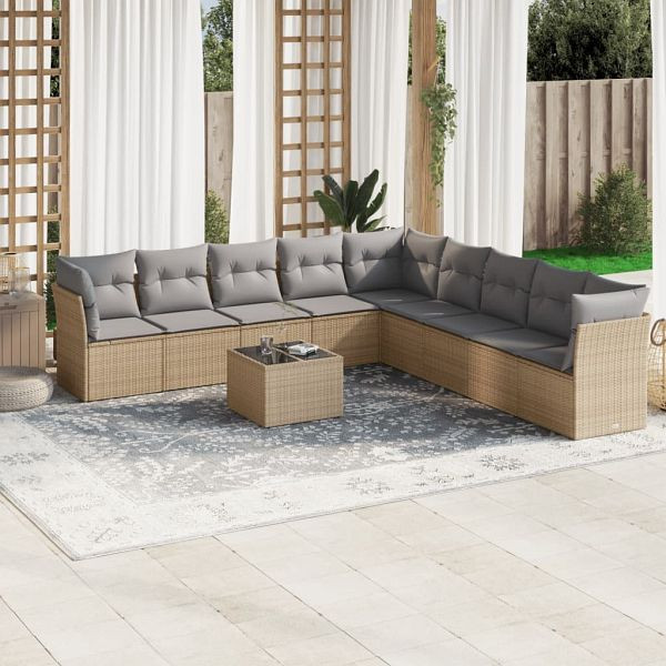vidaXL 10-teilig Garten-Sofagarnitur mit Kissen Beige Poly Rattan, 3217789