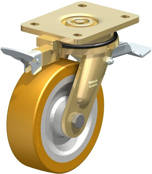 Blickle LS-SETH 160K-ST-RI4 Stahlgeschweißte Schwerlast-Lenkrolle, schwere Drehkranz-Ausführung mit Feststeller, Blickle Extrathane®, Hellbraun, 753332