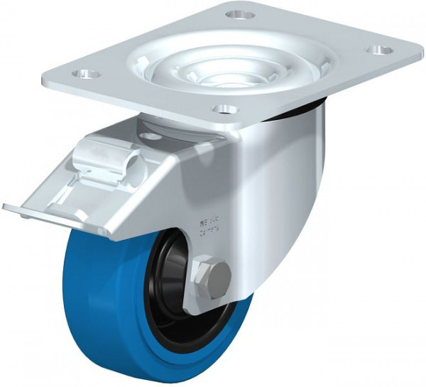 Blickle LK-POEV 100K-3-FI-SB Stahlblech-Lenkrolle, schwere Ausführung, mit Anschraubplatte & Feststeller, Elastik-Vollgummi, Blau, 750318