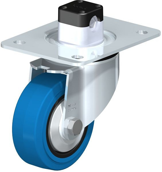 Blickle LK-POEV 100KD-3-CS11-SB-FA Stahlblech-Lenkrolle, schwere Ausführung, mit Anschraubplatte & Zentralfeststeller, Elastik-Vollgummi, Blau, 851040