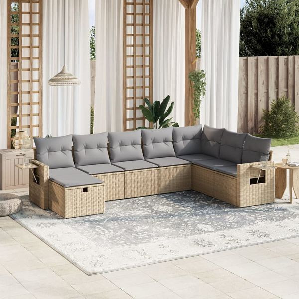 vidaXL 8-teilig Garten-Sofagarnitur mit Kissen Beige Poly Rattan, 3263895