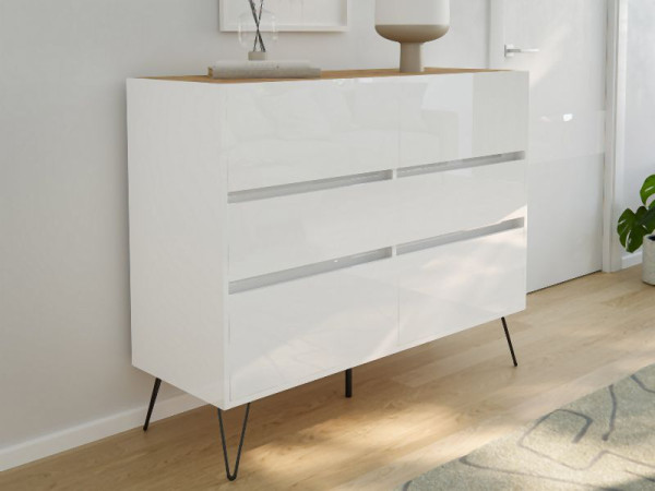 Posseik Sideboard Industrial M 120cm 6 Schubladen Weiß/Eiche Top, PN2090X0000059DE
