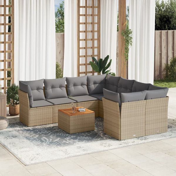 vidaXL 9-tlg. Garten-Sofagarnitur mit Kissen Beige Poly Rattan, 3223532