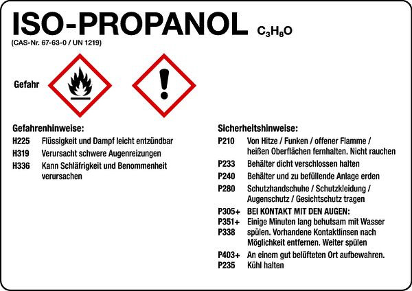 Schilder Klar Gefahrengutkennzeichnung GHS-Gefahrstoffetiketten: ISO-Propanol, 148x105 mm Folie selbstklebend, 509/32