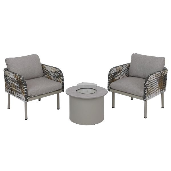 Mendler Poly-Rattan Garnitur HWC-P80, Lounge-Set Garten Stuhl, Tischkamin Bioethanol-Fire-Pit Alu Stoff 220g/m², creme-beige, 134378+134379+120340