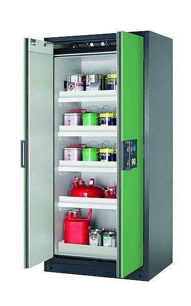 asecos Sicherheitsschrank Q-CLASSIC-90, Q90.195.090 in resedagrün RAL 6011 mit 4x Wannenboden Standard (Polypropylen), 30041-048-30052