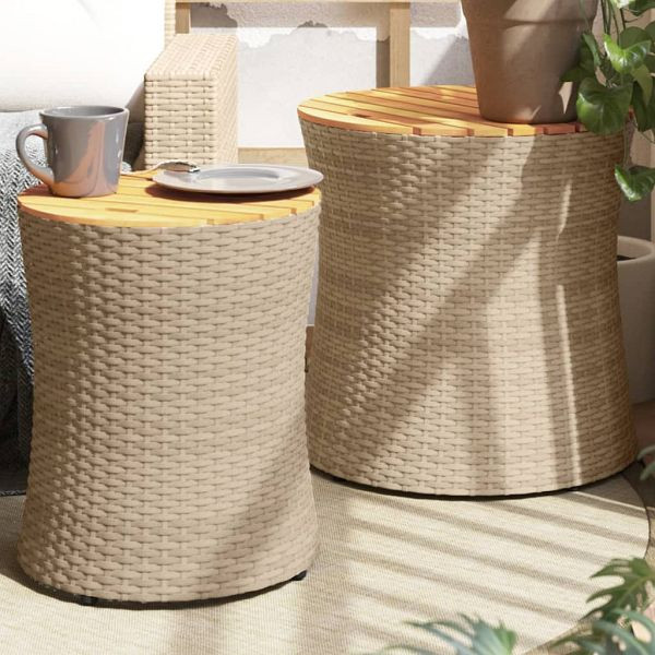 vidaXL Garten-Beistelltische 2 Stück mit Holzplatte Beige Poly Rattan, 366290