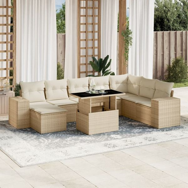 vidaXL 9-teilig Garten-Sofagarnitur mit Kissen Beige Poly Rattan, 3269358
