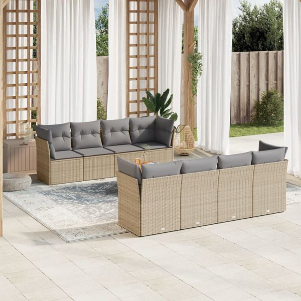 vidaXL 9-tlg. Garten-Sofagarnitur mit Kissen Beige Poly Rattan, 3255856