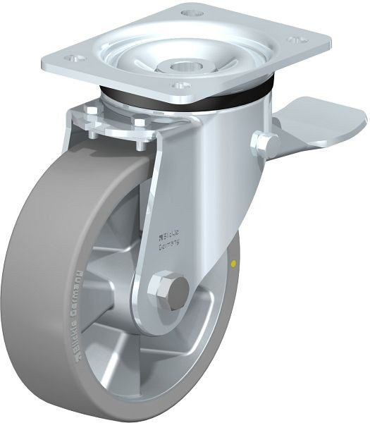 Blickle LK-ALTH 160K-ST-AS Stahlblech-Lenkrolle, schwere Ausführung, mit Anschraubplatte & Feststeller, Blickle Extrathane®, Grau, 694810