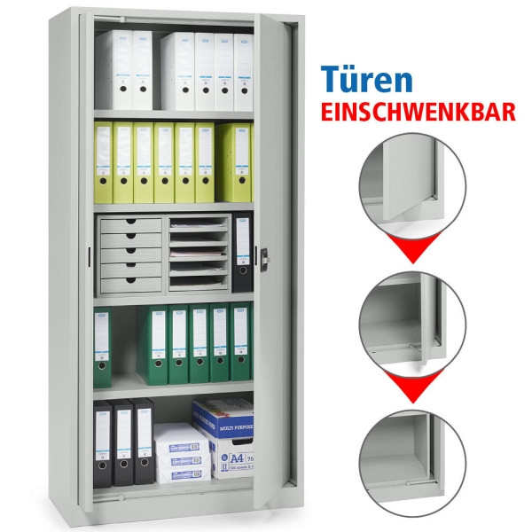 Deskin Büro-Stahlschrank mit einschwenkbaren Türen, Lichtgrau RAL 7035, 920 x 420 x 1950 mm, 294909