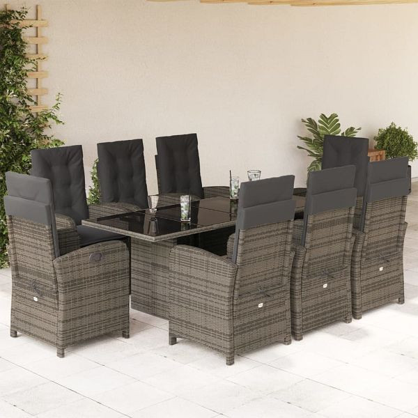 vidaXL 9-teilig Garten-Essgruppe mit Kissen Grau Poly Rattan, 3212259