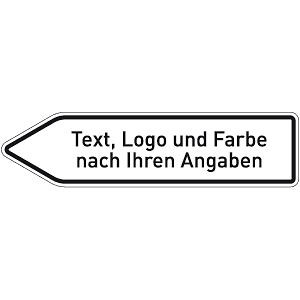 Moedel Pfeilwegweiser weiß mit Text, Logo und Farbe, linksweisend, Aluminium 1,8 mm, lackiert, 1400x350 mm, 100050