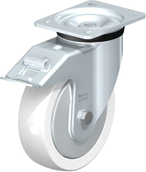 Blickle LK-SPO 175K-FI-FA Stahlblech-Lenkrolle, schwere Ausführung, mit Anschraubplatte & Feststeller, Polyamid, Weiß, 750538