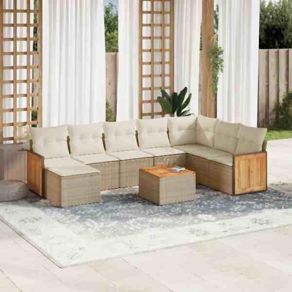vidaXL 9-tlg. Garten-Sofagarnitur mit Kissen Beige Poly Rattan, UV-beständig, 3260336