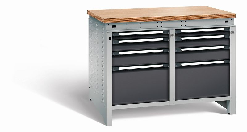 Otto Kind Werkbank Serie function Typ 216, Multiplexplatte 40 mm, bündig, 2x Unterbau + Zentralverschluss, Gehäuse RAL 9006, Front RAL 9005, 07234613N
