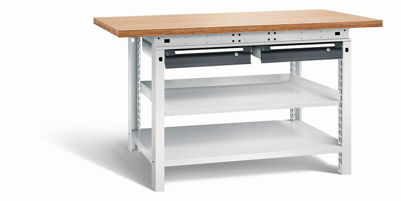 Otto Kind Werkbank Serie function Typ 209, Multiplexplatte 40 mm, überstehend, 2 Schubladen 120 mm, Gehäuse RAL 7035, Front RAL 7016, 072339249
