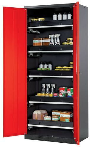 asecos Chemikalienschrank Systema-T CS-85, Korpus anthrazit, Flügeltüren rot, 5 Tablarauszüge, 208967