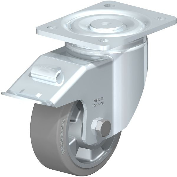 Blickle LH-ALEV 127K-FI-SG Stahlblech-Lenkrolle, Schwerlast-Ausführung, mit Anschraubplatte & Feststeller, Elastik-Vollgummi, Grau, 632687