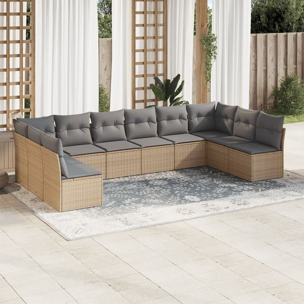 vidaXL 10-teilig Garten-Sofagarnitur mit Kissen Beige Poly Rattan, 3249928