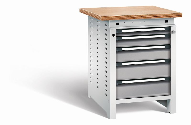 Otto Kind Werkbank Serie function Typ 109, Multiplexplatte, überstehend, 5 Schubladen, mit Zentralverschluss, Gehäuse RAL 7035, Front RAL 7037, 072326267