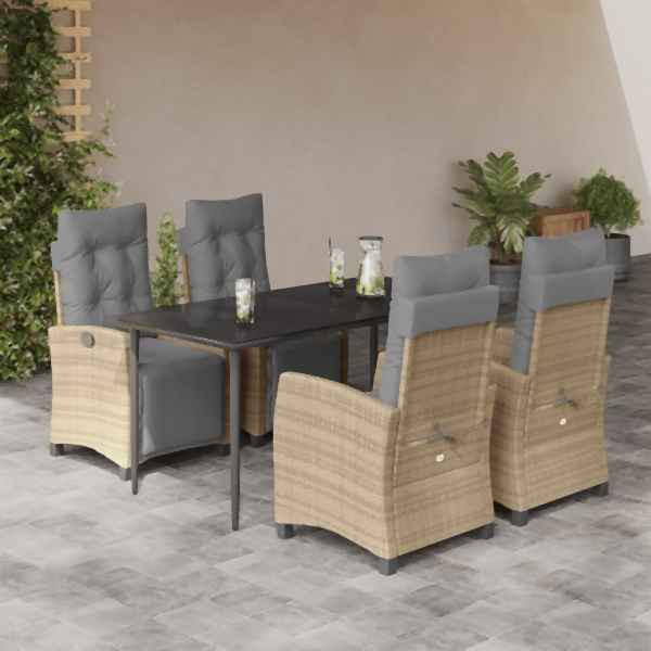 vidaXL 5-tlg. Garten-Essgruppe mit Kissen Beigemischung Poly Rattan, UV-beständig, 3213019